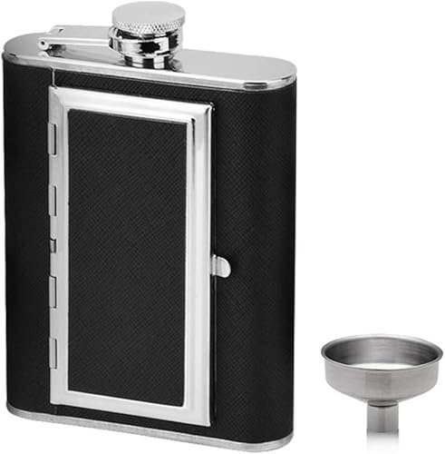 KRXSOBNV, Flasque de Poche en Acier Inoxydable Anti-Fuite de 6 oz avec Couvercle en Cuir Noir for Boire discrètement de l'alcool, du Whisky, du Rhum et de la Vodka, Cadeau for Hommes ，Carafe à vin