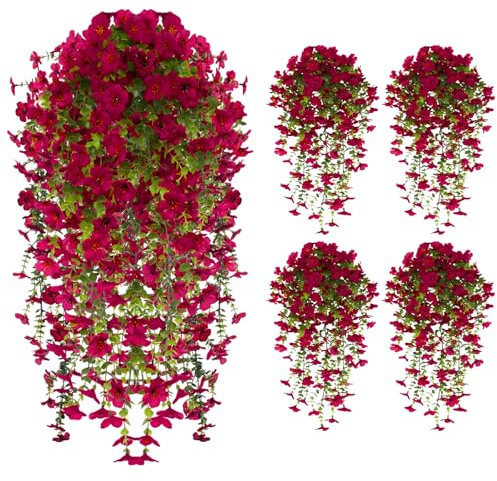 Künstliche Hängeblumen und Kunstpflanzen für den Außenbereich Seidenviolette Rankenblumen für die Dekoration im Außen- und Innenbereich UV-beständige, für Veranden, Häuser, Terrassen (4, rose red)