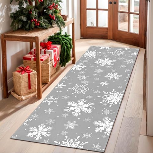 FRAMICS Weihnachtlicher Schneeflocken-Läufer, 5 x 15 cm, grau, waschbar, Teppichläufer für Flur, rutschfest, weicher Winter-Küchenläufer, niedriger Flor, Weihnachtsschnee, Teppiche für Schlafzimmer