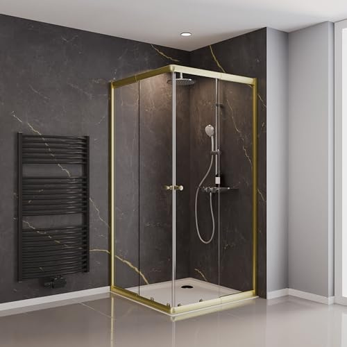 Schulte cabine de douche accès d’angle ajustable 75x75 à 90x90 x 180 cm, or, portes coulissantes, extensible largeur d'accès 30 à 49 cm, encadrement, verre de sécurité 4 mm transparent