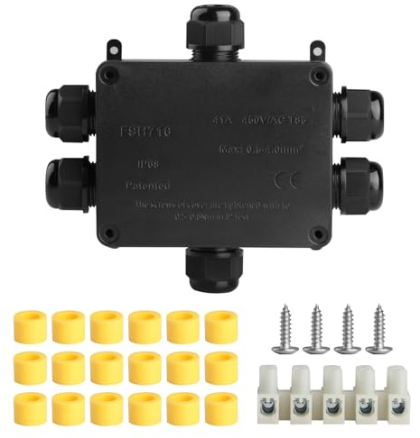 Outdoor Junction Box, Waterproof, 6-Way Junction Box, Waterproof IP68, Outdoor Waterproof Earth Cable Connection Box, Surface-Mounted Outdoor for Diameter 4-14 mm Cable Connectors, with Accessories