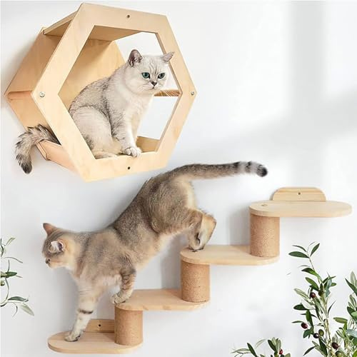 Juego de estantes de pared para gatos con casa hexagonal y escalera de pared para gatos grandes y gatitos