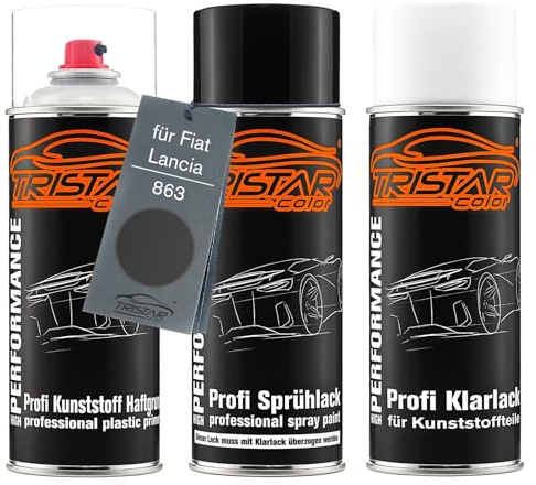 TRISTARcolor Vernice per auto Kit bombolette spray per plastica per Fiat/Lancia 863 Nero Diabolik Perl Mat base adesiva vernice di base vernice trasparente con plastificante