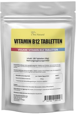Vitamin B12 hochdosiert und vegan, Methylcobalamin, 500 mcg 180 Tabletten für 6 Monate Dauerversorgung, Natürliche Nahrungsergänzung ohne Zusatzstoffe, Made in Germany