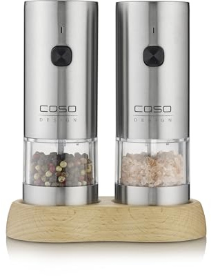 CASO SpiceDuo Elektrische Salz- & Pfeffermühle Set – Edelstahl Gewürzmühlen mit Keramikmahlwerk, stufenlos einstellbar, LED-Licht, USB-C aufladbar, Einhandbedienung & Holzhalterung