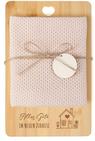 Xuniea Einweihungsgeschenk Wohnung, Alles Gute im Neuen Zuhause | 28 x 18 cm Holz Schneidebrett, Baumwolle Küchentuch, Einzugsgeschenke Neues Zuhause Geschenk für Einzug, Richtfestgeschenk