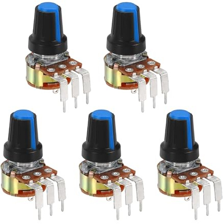 sourcing map 5Pcs 100K Ohm Rotary Potentiometer Volume Control Pots for Guitar, WH148 3 Pin Single Turn Linear Taper Variable Resistor Potentiometers for Inverter Speed Regulation, Black Blue