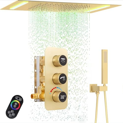 Brass Luxury Rainfall Led Shower Head with Handheld Shower Set Brushed Gold | Ceiling 14X20 Inch in Wall Shower Head, Digital Glowing Icon Temperature Display Thermostatic Concealed Valve, Run Together
