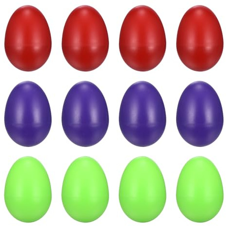 sourcing map 12 Pcs Egg Shakers, Plastic Musical Eggs Maracas Hand Percussion Instruments for DIY Painting Music Learning Easter Party Performance, Red/Purple/Green