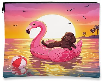 Funny Poodle Dog Makeup Bag, Flamingos Lifebuoys Sea Printed Cosmetic Travel Pouch for Women, Pet Portable Small Canvas Zipper Organizer 7x9 Inch
