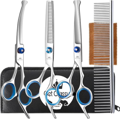 Get Classy Pack of 5 Pet Grooming Scissors Kit with Pet Comb, Thinning Scissor, Straight Scissor and Curved Scissor for Dogs and Cats