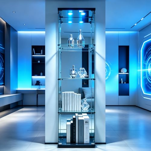 Vitrinenschrank Glas Modern,Glasvitrine Stehend Sammlervitrine Weiß Standvitrine Schmal Eckvitrine Glasvitrine mit LED Glas Vitrine mit Schloss Glasschrank (Schwarz, 1 Tür 4 Lagen LED-Spiegelnd)
