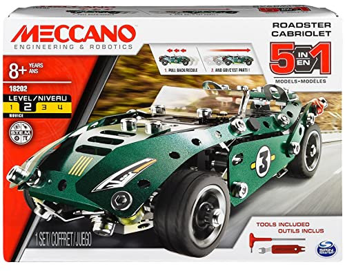 MECCANO - Cabriolet Retro Friction 5 MODÈLES - Coffret Inventions avec 174 Pièces, 1 Moteur Rétro Friction Et 2 Outils - Jeu de Construction Jouet Enfant 8 Ans et +