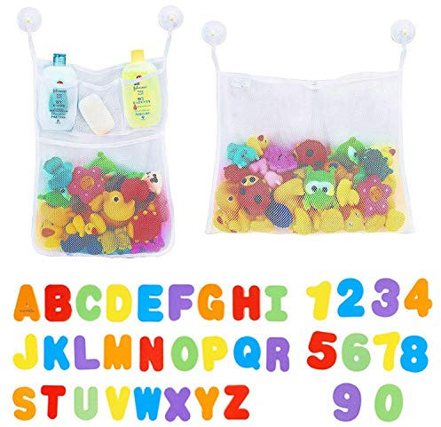 Joyoldelf 2 x Mesh Baby Bath Toy Storage + 36 Bath Toys Letters and Numbers - Toddlers Large Toy Organiser Net Bag for Baby Boys & Girls and Shower Caddy Bonuses: 6 Ultra Strong Suction Hooks (White)