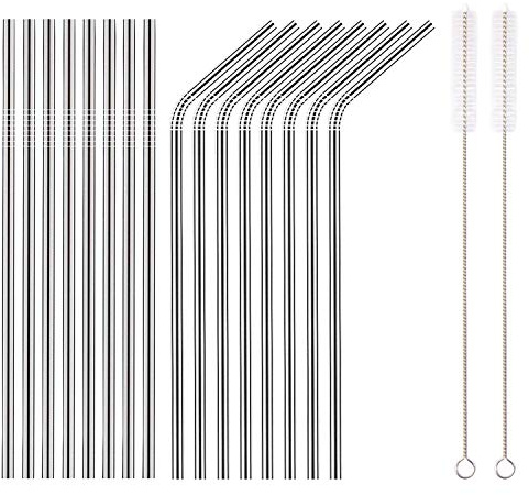 Homquen 18 Piece Silver Stainless Steel Straws, 8.5 '' Reusable Drinking Straws,with Portable Pouch,Suitable for Wine and Cold Drinks (8 Straight/8 Bent/2 Brushes)