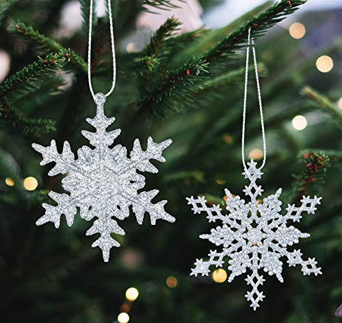 Agoer 36 Stück Schneeflocken Weihnachten Deko Anhänger, Kunststoff Weihnachtsbaumschmuck Set Schneeflockendeko für Weihnachtsbaum Glitzer Christbaumschmuck Silber
