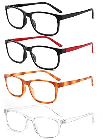 BOSAIL Paquete de 4 gafas de lectura con bloqueo de luz azul, gafas de diseñador de moda con bisagra de resorte cómoda, gafas UV antideslumbrantes para hombres y mujeres