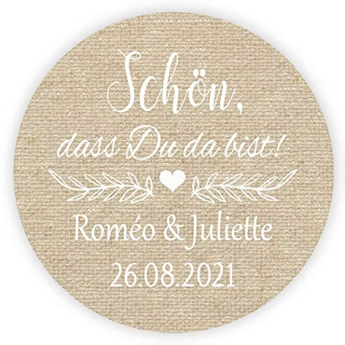 MameArt 50 Stickers Aufkleber Hochzeit Personalisiert Schön DASS Du da bist, 4cm Etikett für Hochzeit Gastgeschenk Taufe Kommunion Feste Geschenke Präsente (Leinen)