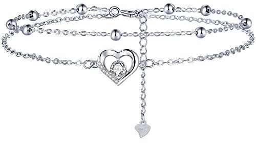 Lydreewam Coeur Bracelet de Cheville pour Femme Argent Sterling 925 Double Chaînes avec Boules Été Pieds Nus Plage Chaînes de Cheville avec Zircones, réglable 22+4cm