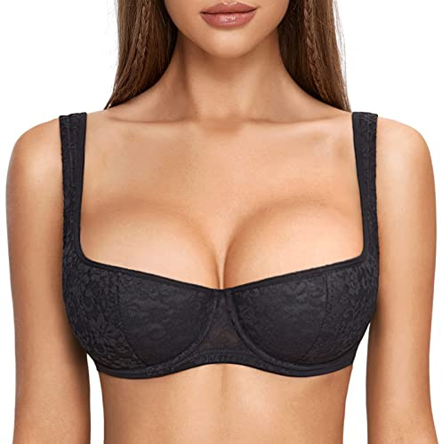 DOBREVA Women's Push Up Bra Sexy Balconette Bra Padded Half Cup Lace Underwired Black (Cup Size is Small. Order 1 Cup Size up.) 34E