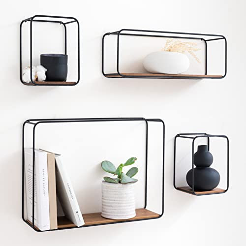 Kazai. Wandregal-Set -Jona- | 4-Teiliges Hängeregal aus Metall und Echtholz-Veneer | Wanddeko und Ablage für Bad, Wohnzimmer, Küche, Schlafzimmer und mehr | Walnuss