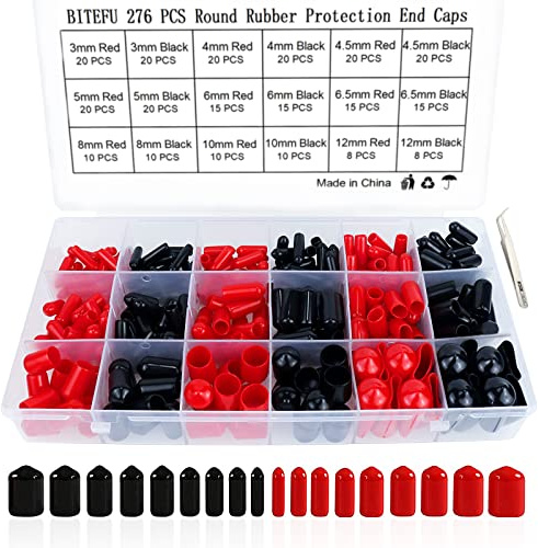 BITEFU 276 STK Schraubengewindeschutz Gummi Endkappen 3/4/4,5/5/6/6,5/8/10/12mm Gummikappe Rund für Schrauben, PVC-Rohren, Elektrokabeln, mit Pinzette & Box (Schwarz/Rot)