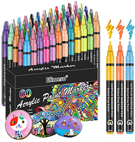 Efimeso 60 Farben Acrylstifte für Steine Wasserfest, Acrylstifte Wasserfest für Holz, Keramik, Glas, Metall, Stoff, 0,7 mm Acrylmarker Multimarker Steine zum Bemalen