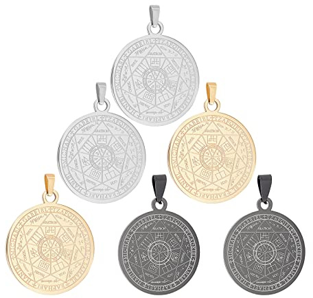 DICOSMETIC 6 Stück Erzengel Anhänger Flacher Runder Pentagramm Anhänger Edelstahl/Gold/Schwarze Anhänger Halskette Talisman Anhänger Amulett Schmuck für Männer Armbänder, Bohrung: 7.6x3mm