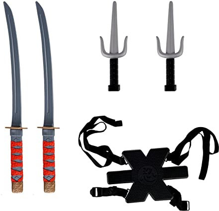 CoolChange Kinder Ninja Schwert Set für Samurai Kostüm | Kunststoff | Waffenset mit 2 Katana Schwerter, 2 Sai Dolche, Rückenholster