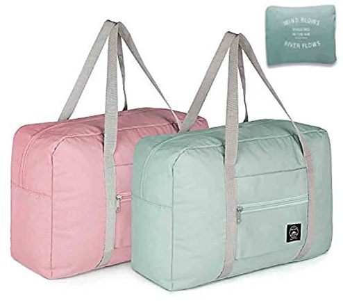 Foldable Travel Duffel Bag (2 Pack), For Spirit Airlines, Weekender Overnight Bag, Tote Carry on Luggage Sport Duffle Weekender Overnight for Women and Girls (Pink Blue)