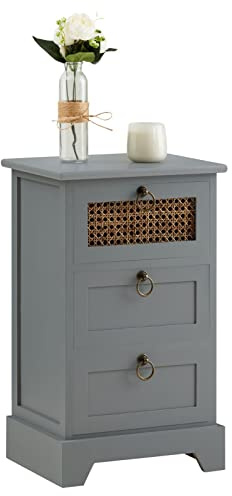 CARO-Möbel Nachttisch RAJA mit 3 Schubladen, Nachtkommode aus Paulownia Holz und Wiener Geflecht, Nachtschrank im Retro Design, Boho Style, in grau