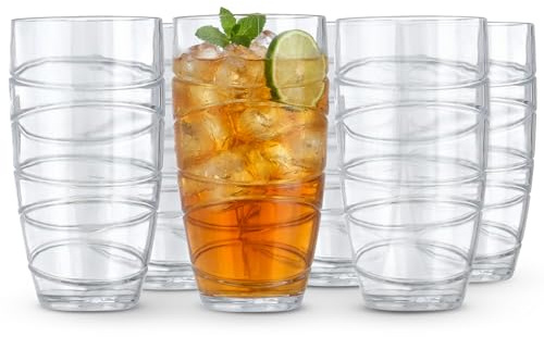 LIVIVO Set of 6 Hi Ball Plastic Acrylic Drink Tumblers with Swirl Design - Stackable Glasses for Picnics, BBQ’s, Poolside, Camping, Children’s Parties or Just Everyday Use (Set of 6, Transparent)