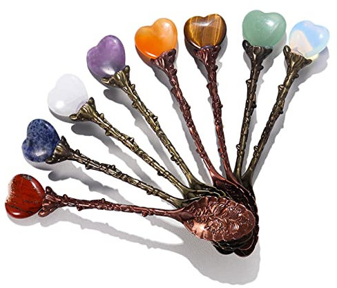 YEDECOR Cucharas Retro de té de café Tallado con Piedras de energía en Forma de corazón de Cristal curativo Natural - Cuchara de decoración de Piedras Preciosas de Pulgar de Palma Pulida,Mix8pcs