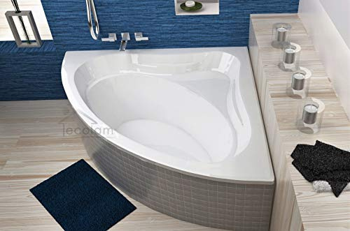 ECOLAM® symmetrische Badewanne Eckwanne Mia 140x140 cm Modern Design Acryl weiß Ablaufgarnitur Ab- und Überlauf Automatik Füße Silikon Komplett-Set (+ Wannenträger)