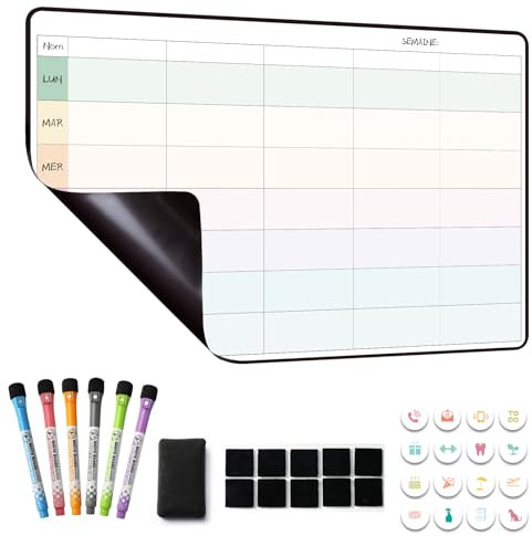 MCCORL Planning Semaine, Calendrier magnetique Frigo,Tableau Organisateur Familial,Planificateur des Menus/Repas Hebdomadaire 42×28cm effacable en Français