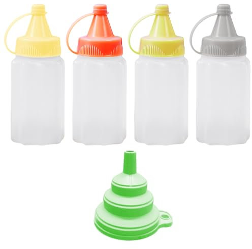 MEMOFYND Mini recipiente para salsa de 4 piezas con embudo plegable de 1 pieza, recipiente para salsa aplastable de 30 ml, dispensador de especias, botella de exprimible portátil para cocina, picnic