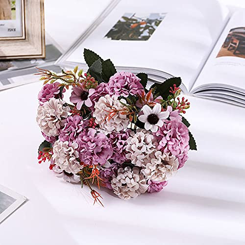 LVTFCO 1 Pieza de Hortensia Artificial, crisantemo, 9 hortensias, 6 Flores pequeñas, Bola Artificial, Flor de Seda, Bricolaje, hogar, jardín, Fiesta de Boda, Morado