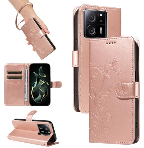 SRISHP Hülle für Xiaomi 13T Pro / 13T Handyhülle, Rosé Gold | Premium PU Leder, Handyhülle Mit Band, Magnet Flip Case, Kartenfächer, Ständer Klappbar Tasche, Standfunktion Schutzhülle