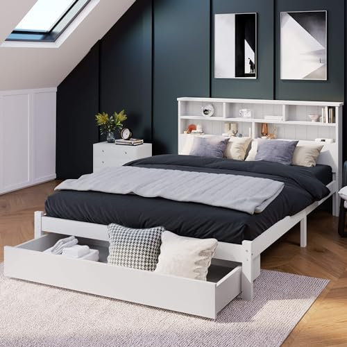 HYUB Hausbett Holzbett 140x200cm, Massivholz Bettgestell mit Lattenrost, Doppelbett Jugendbett mit Stauraum-Kopfteil und Schubladen, Vielseitiges Stauraumbett, für Schlafzimmer Gästezimmer