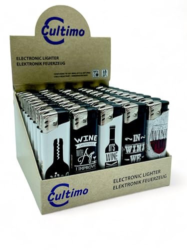 Cultimo 50 Stück Elektronik Feuerzeuge mit Motive, Nachfüllbar & Kindergesichert | Feuerzeug Lighter elektronische, Gas befüllt (Wein)