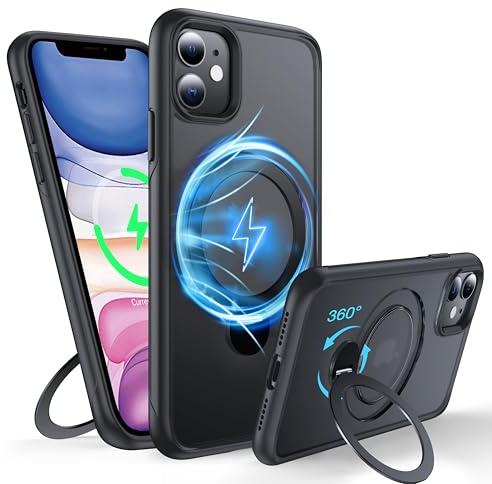 FNDMIL 360°Drehbarer Magnetisch für iPhone 11 Hülle mit MagSafe | [Kompatibel mit MagSafe] [Militär Schutz] [Stoßfänger] Durchscheinende Matt Handyhülle für iPhone 11, Mitternacht Schwarz