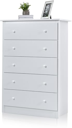 COSTWAY Kommode weiß, Sideboard mit 5 Schubladen, Schubladenschrank Holz, Schubladenkommode modern, 80 x 40 x 115 cm