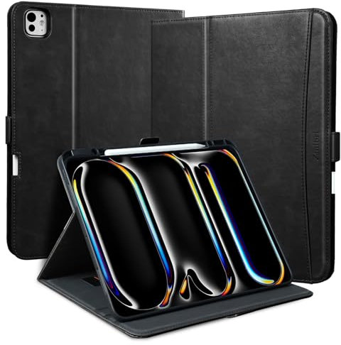 Zinibri Handgemacht Hülle für iPad Pro 11 Zoll M5/M4 (2025/2024) mit Stifthalter Handschlaufe Tasche,Auto Schlaf/Wach,Magnetverschluss,Multi Winkle Stand,PU Leder Schutzhülle Case Cover,Schwarz