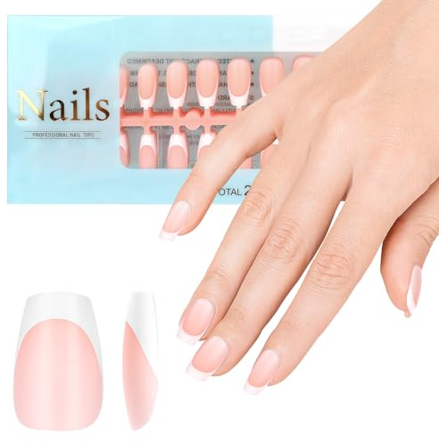 JSRQT 240 Pièces Faux Ongles Française, Cercueil Court French Press on Nails, Faux Ongles Artificiels Capsules Ongles Gel, X-Coat Tips Stick Ongles Courts French Nail Art DIY pour Femmes Filles, Nue