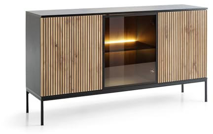 Emporius Daveno Kommode mit Lamellen, Schwarz, Wohnzimmer Kommode mit LED - Loft Stil, Sideboard 3-türig - 154 cm breit