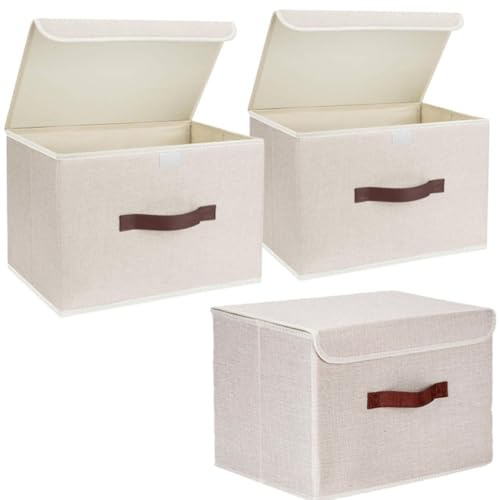 Oungy 3 Stück Aufbewahrungskorb mit Deckel Stoff, Faltbare Aufbewahrungsboxen Stoff, Waschbare Kleiderschrank Organizer, Körbchen mit Deckel zum Aufbewahren von Kleidung Büchern Spielzeug, 38x24x24cm