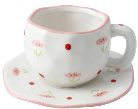 TREEWOO Juego de tazas y platillos de cerámica pintados a mano, diseño de flor pequeña, 250 ml, estilo coreano, irregular, aplastado a mano