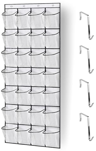 Bianco Porta scarpe a Rete con Tasche, Tessuto Non Tessuto Portascarpe da Appendere, Organizzatore per Scarpe Appese con 4 Ganci, Organizer Pieghevole da Appendere per Camera da Letto Soggiorno Bagno