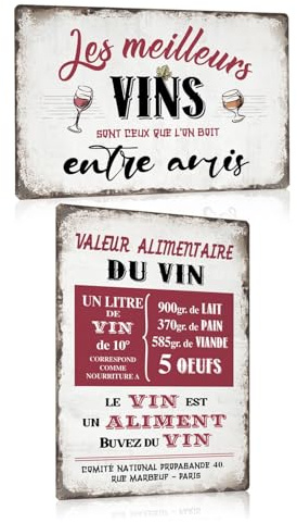 Lot de 2 - Bar Decoration Murale en Alcool Plaque Metal Vintage - Vin Publicitaire Citation Française Panneau Pancarte Pour la Pub Club Cuisine Restaurant 20x30cm