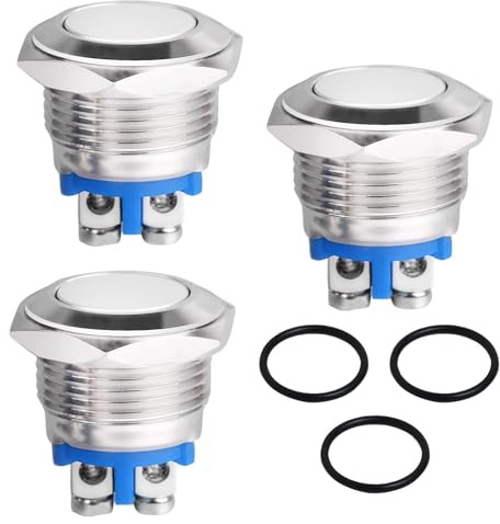 19mm Momentan Taster 12V 5A AC/DC220V Flachkopf Drucktaster IP65 Wasserdicht - 3 Stück Schraubklemmen Klingeltaster Normalerweise Geschlossen Edelstahl Druckschalter für Autos Zündanlagen Türklingeln